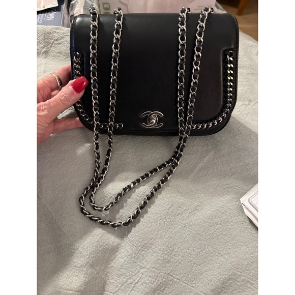 CHANEL Handbags - Chanel Black Leather Chain Trim CC Turn-Lock Crossbody Bag Silver Hardware